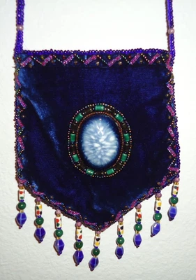 Crossbody Mini Bag Havy Blue 100% Silk Velvet & Fringe Strap Beaded - Image 1 of 4