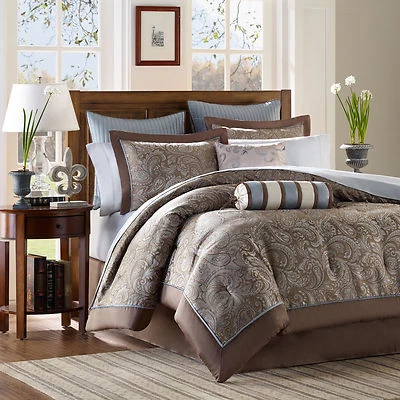QUALITY BEAUTIFUL BROWN SILVER GREY BLUE IVORY COMFORTER SET & SHEETS CAL, KING OR QUEEN