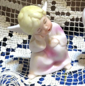 Vtg Porcelain BABY GIRL ANGEL  2.75  FIGURINE Pink Gown Sleeping w/Hand on Cheek - Picture 1 of 5