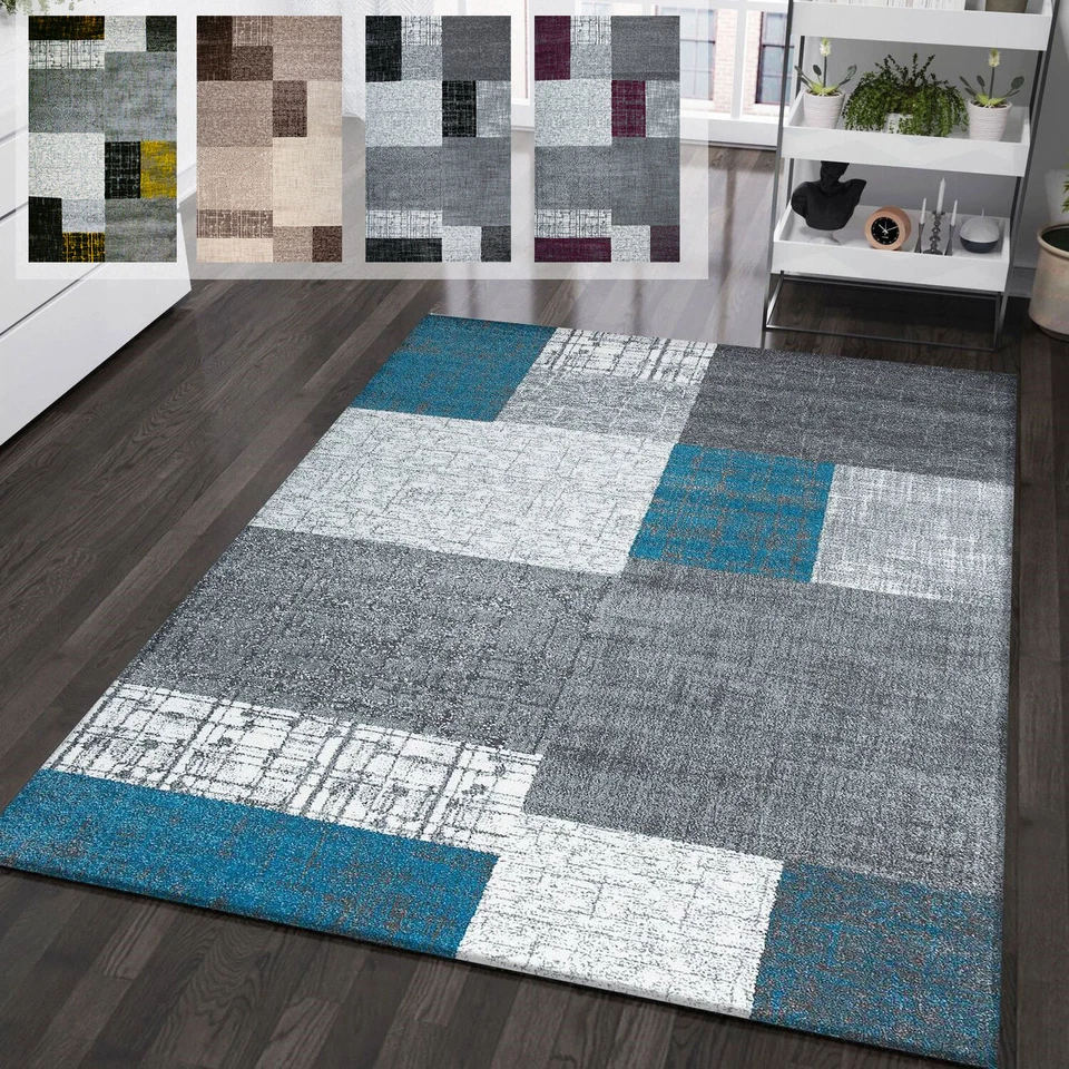 Tapis Design En Turquoise Mauve Gris Ou Beige Avec Tuile Optique Poils Ras Neuf - Photo 1/1