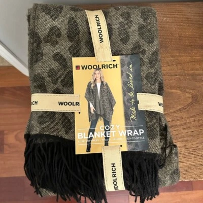 NUEVO Woolrich Acogedor Mantón Estampado Leopardo Manta Abierta Abrigo Cárdigan OSFM Flecos Foto 1 de 4