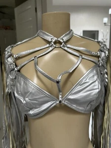 Exotic Dancewear Silver Triangle Bikini Top Rave Outfits Skimpy Strappy Cage Bra - Picture 1 of 8