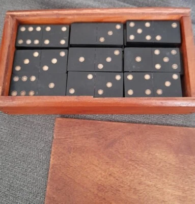 VINTAGE WOODEN DOMINOES IN WOODEN BOX 27PCS - Image 1 of 4