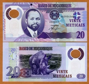 Mozambique, 20 Meticais 2011, P-149a, POLÍMERO, prefijo AA, UNC Rhino - Imagen 1 de 1