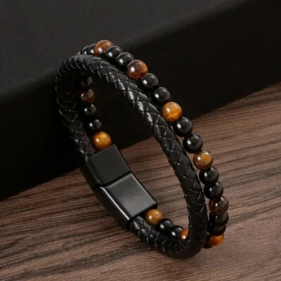 Armband Leder geflochten Perlen Tigerauge Obsidian 2-fach Perlenarmband Unisex - Bild 1 von 4