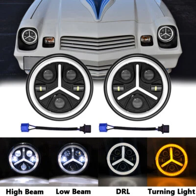 Pair 7" Inch Round LED Headlights Halo For Jeep Wrangler JK LJ Chevrolet Camaro - Изображение 1 из 4