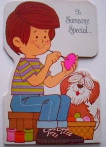 Junge & Hund bemalen Eier Vintage Ostern Grußkarte *SS25 - Bild 1 von 3