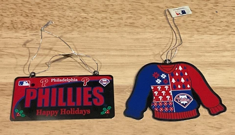 2 Philadelphia Phillies Metal Christmas Ornaments: License Plate & Ugly Sweater Cover