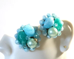 Vintage Clip On Earrings Blue Beads Lovely Estate Jewelry SIGNED GERMANY - Picture 1 of 3