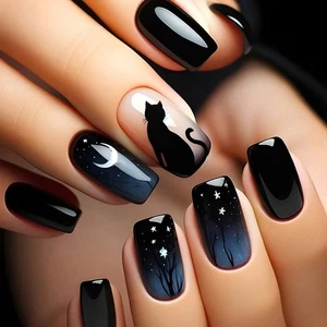 24x Gradient Artificial Nail Black Cats on Nail Moon and Stars False Nail - Picture 1 of 8