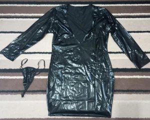 Black Wet Look Faux Leather Bodycon Pull Over Mini Dress Size 14 Length 35" - Picture 1 of 5