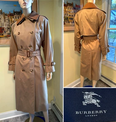 Vtg BURBERRY 12-P Classic Khaki Beige Belted Trench Coat Overcoat w/ Wool Liner - Image 1 of 4
