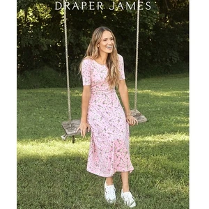Draper James The Tammy Dress Sz S Pink Floral Viscose Stretch Short Sleeve Midi - Picture 1 of 10