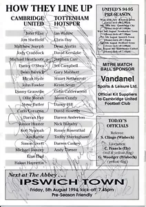 SIGNED PROGRAMME - Cambridge v Tottenham Friendly 1994 with Multiple autographs - Picture 1 of 2
