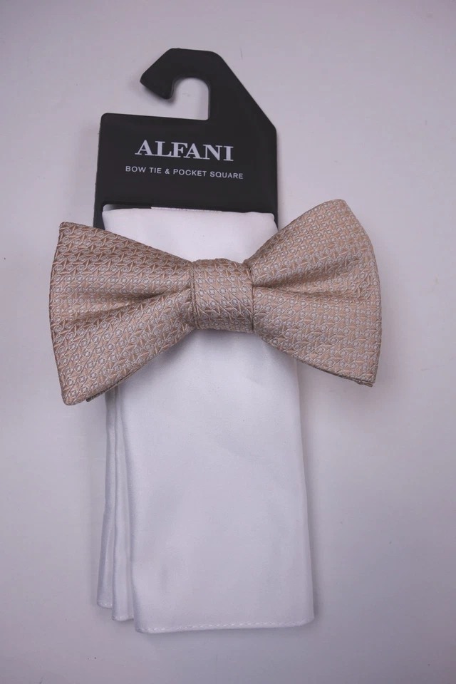 ALFANI Taupe Tan Geo Geometric Bow Tie & Solid White Pocket Square NEW - Image 1 of 1