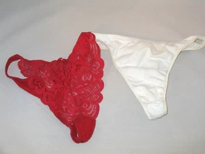 2 Unbranded Pairs Women's Thong Panties Size 6/M White Cotton & Lacy Red - Picture 1 of 6