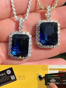 Iced Real Moissanite Simulated Sapphire Stone Pendant 925 Silver/14k Gold Plated - Picture 1 of 14