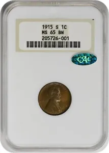1915-S Lincoln Cent MS65BN NGC (CAC) - Picture 1 of 4