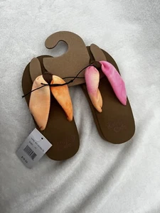 π Rainforest Cafe Girls Wedge Flip Flops Soft Fabric Pink Orange UK 10 Kids New - Picture 1 of 6