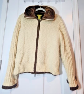Pullover Jacke mit Kunstfell gefüttert Langarm Strick elfenbein braun Größe M Unisex - Bild 1 von 9