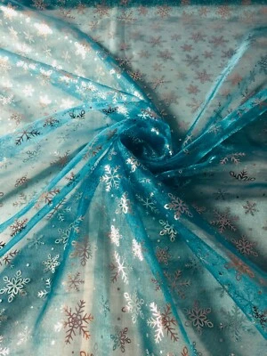 1 Mtr Turquoise & Silver Frozen Foil Snow Flakes Organza Fabric 58” Decoration - Image 1 of 4