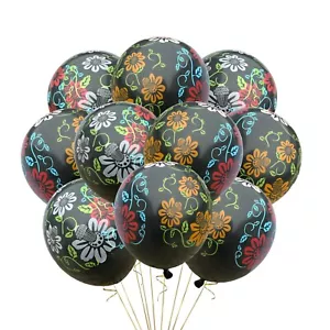 12 Pack Flower Party Balloons Floral Design Black With Colorful Flowers Unique - Picture 1 of 1