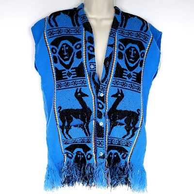 Inca Galeria Ecuador Vest Sweater Llama Alpaca Blue Black Pocket Knit Fringe - Image 1 of 4