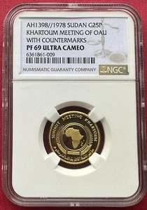 SOUTH SUDAN , GOLD 25 POUNDS 1978 OAU WITH COUNTERMARKS NGC PF 69 UC TOP , RARE3 - Picture 1 of 2