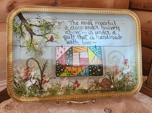 Granny Core Gift Quilt Scene Hand Painted Tray Cottage Core Picture NEW - Picture 1 of 5