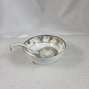 Vintage Nippon Hand Painted Porcelain Salt Cellar Bowl & Ladle Floral Gold Japan - Picture 1 of 24