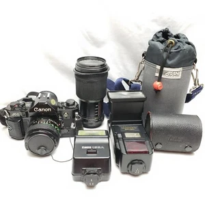 Canon A-1 Film Camera w/ 50mm & 75-200mm Lenses, Speedlite & Quantaray Flashes - Picture 1 of 12