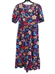 Womens Floral Print Cotton Boho Colorful Maxi Dress Elastic Waist Pockets Size L - Picture 1 of 6