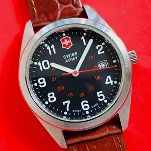 Victorinox Swiss Army Watch Black Dial & Brown Leather Band Date Military Mens - Picture 1 of 8