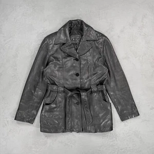 Vintage 80s-90s Winlit Black Leather Coat w/ Belt Women's Medium - Picture 1 of 4