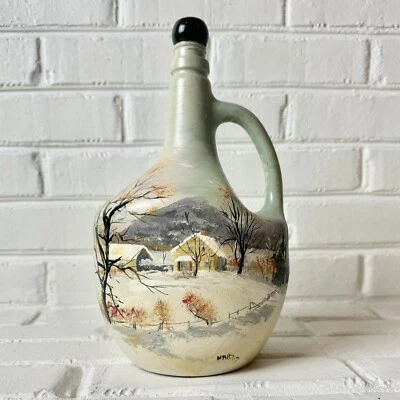 RARE Hand Painted Antique Harveys Bristol Cream Jar Winter Farm Landscape Signed - Image 1 of 4