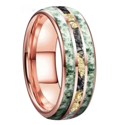 Anillo de carburo de tungsteno de 8 mm para hombres y mujeres musgo ágata meteorito anillo con incrustación de lámina de oro Foto 1 de 4