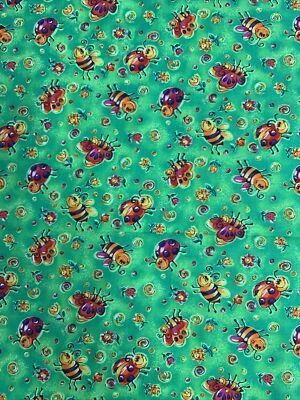 Lady Bug, Bee's & Flowers Green Fabric Panel 1 -1/2 Yards - Image 1 of 3