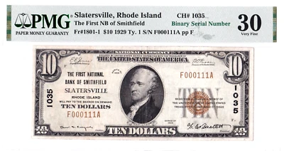 $10 1929 T1 National SLATERSVILLE Rhode Island RI 🇺🇸 Fancy Serial 🇺🇸 PMG 30! - Image 1 of 2
