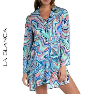 Túnica LA BLANCA redemoinho estampa groovy com cadarço borla cobertura praia vestido de banho M 8 - Imagem 1 de 4