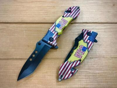 8.5" USA Tactical Spring Assisted Folding EDC Pocket Knife with Seatbelt Cutter - Image 1 of 3