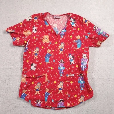Cherokee V-Neck Scrub Shirt Women's Small Red Short Sleeve Dentist Dogs Cats - Image 1 of 4