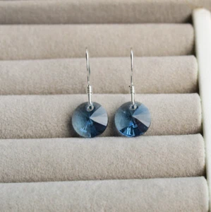 Small Blue Round Crystal Drop Earrings Sterling Silver - Dainty Dangle Dangly UK - Picture 1 of 8