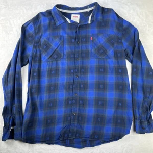 VTG Levi's Blue Chequered Aztec Mens Shirt Size L Buttons Shacket Logo Cotton - Picture 1 of 8
