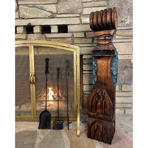 Witco Tiki Mid Century Wood Carved Fireplace Tool Set with Brutalist Accent - Picture 1 of 15
