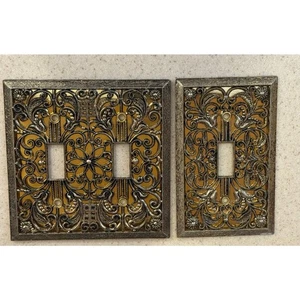Filigree 1 and 2 Gang Toggle Metal Wall Plates - Antique Brass - Picture 1 of 5
