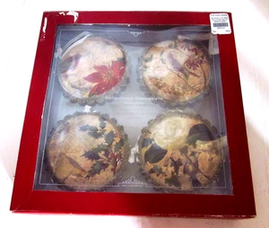 Pottery Barn Winter Birds Decoupage Glass Christmas Ornaments Set Of 4 NIB - Picture 1 of 11