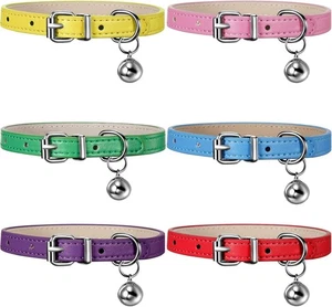 Weewooday 6 Pieces Leather Cat Collar with Bell Cute Pet Bright Color  - Picture 1 of 6