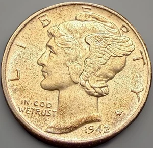1942 Mercury Dime 10c AU Almost Uncirculated Silver Coin Eye Appeal Nicely Toned - Picture 1 of 5