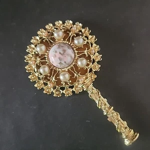 Vintage 1950s SF Sam Fink Ornate Mini Hand Mirror 4'' Faux Opal & Pearls - Picture 1 of 8