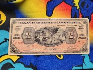 1914 MÉXICO BANCO MINERO DE CHIHUAHUA   2 PESOS  BANK NOTE REVOLUCION - Picture 1 of 2